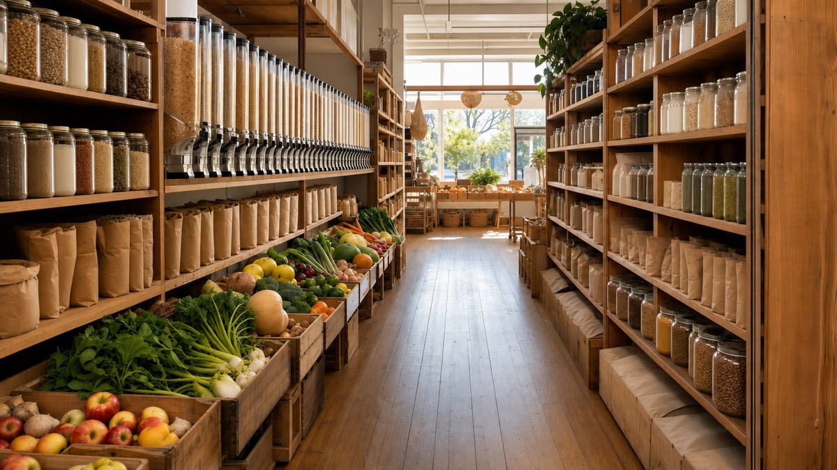 Placeholder photograph — the aisle of an organic grocer, timber shelves of jars and gravity dispensers on one side, crates of fruit and vegetables on the other, daylight from the shopfront window at the far end.