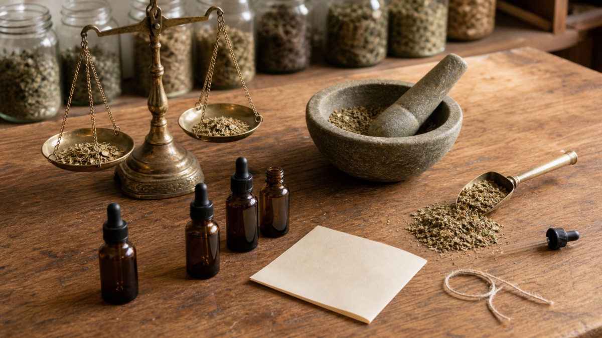 Placeholder photograph — a dispensing bench with a brass balance scale, a mortar and pestle, amber dropper bottles and loose dried herb, with jars of herbs behind.